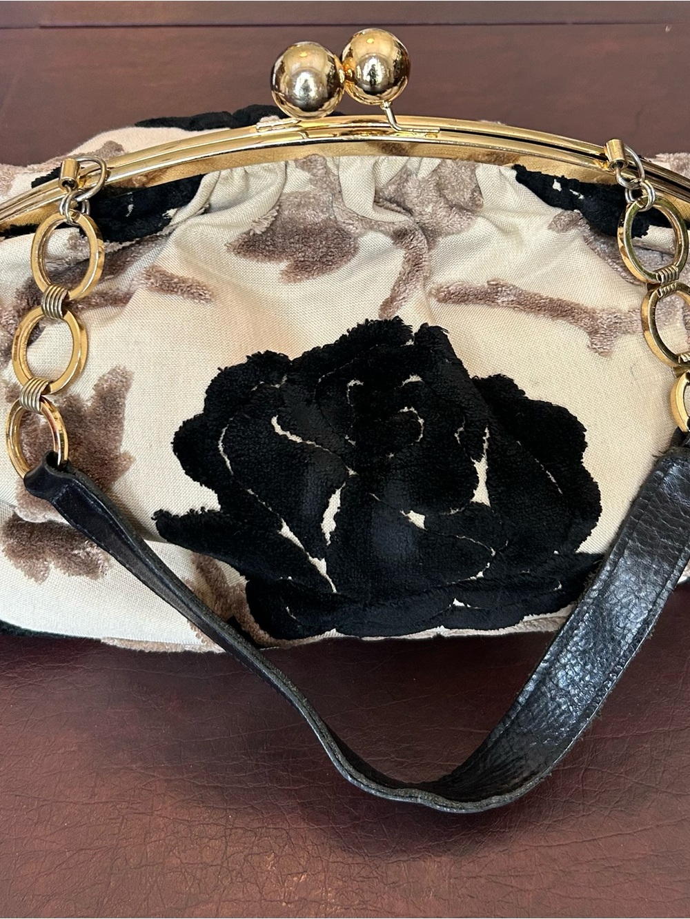 Glenda Gies Black Floral Velvet Accent Frame Handbag